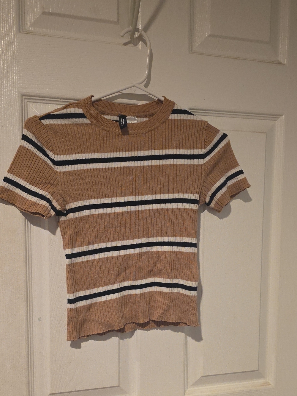 Divided Camel, White & Black Striped Ribbed Short-Sleeve Tee